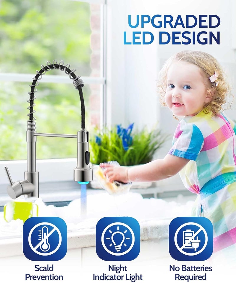 LUFEIDRA Kitchen Faucet with Sprayer LED Light, High Arc Kitchen Faucets Single Hole 304 Stainless Steel Kitchen Sink Faucet Faucet for Bar Sink Rv, Brushed Nickel - Image 2